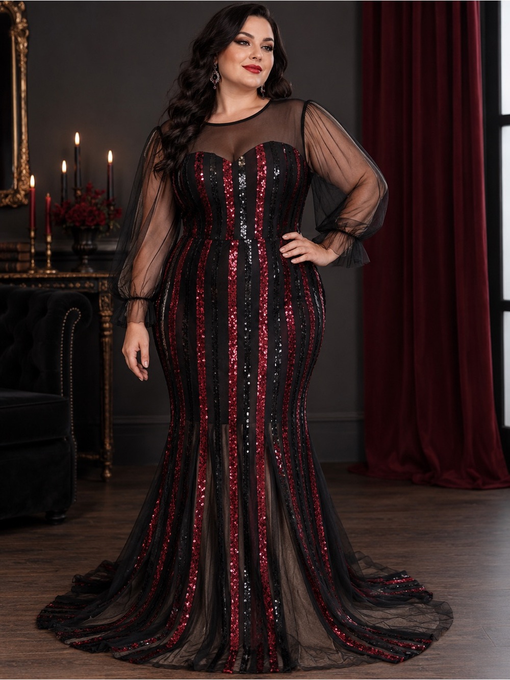 Giffniseti 4XL Black Red Sequin Maxi Gown Gothic Glam Evening Dress Mesh Sheer